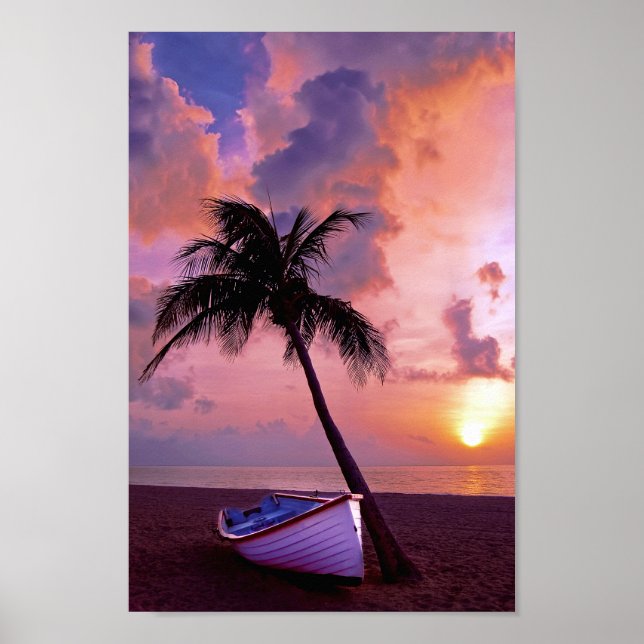 Tropical Sunset Beach Boat Palm Poster (Front)