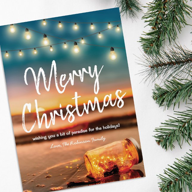 Tropical Sunset Beach Christmas Lights Holiday Card (Creator Uploaded)