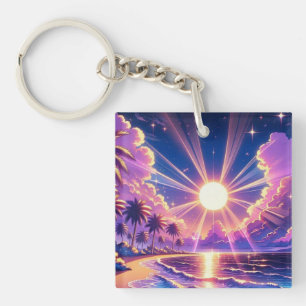 Tropical Sunset Beach Fantasy Painting Key Ring