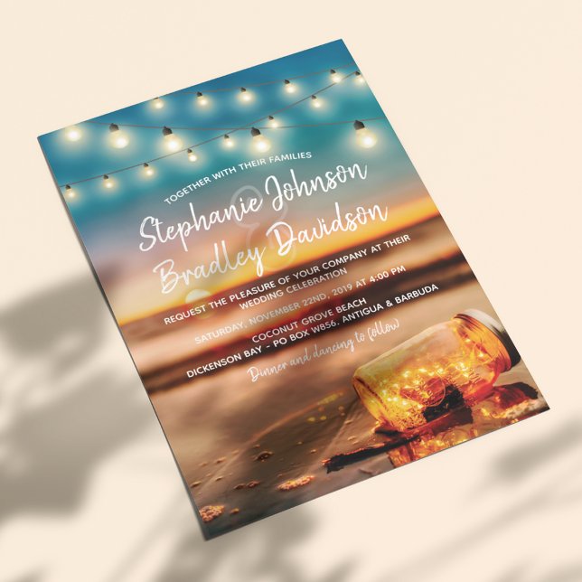 Tropical Sunset Beach Mason Jar Lights Wedding Invitation (Creator Uploaded)