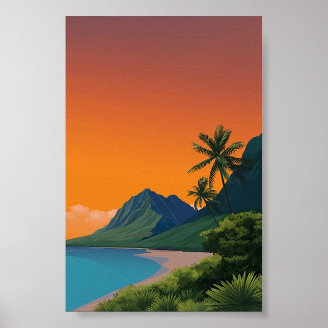 Tropical Sunset Beach - Mountain and Palm Art Poster (Front)