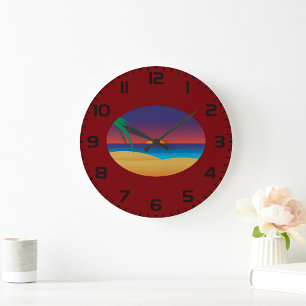Tropical Sunset Beach Palm Leaves Ocean Waves Large Clock