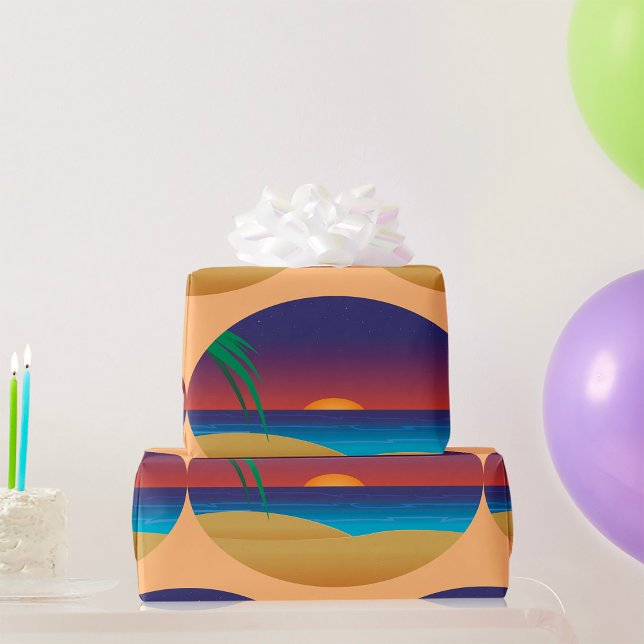 Tropical Sunset Beach Palm Leaves Ocean Waves Wrapping Paper (Creator Uploaded)