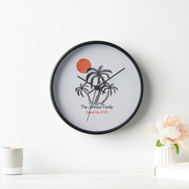 Tropical Sunset Beach Palm Tree Family Vacation Clock (Home)