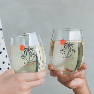 Tropical Sunset Beach Palm Tree Family Vacation Stemless Wine Glass