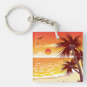 Tropical Sunset Beach Palm Tree Island Key Ring
