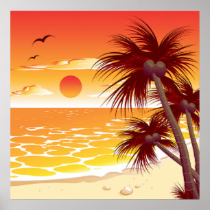 Tropical Sunset Beach Palm Tree Island Poster