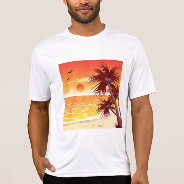Tropical Sunset Beach Palm Tree Island T-Shirt (Front)