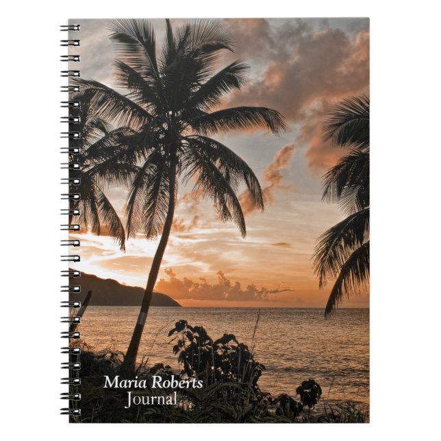 Tropical Sunset Beach Palm Trees Personalise  Notebook (Front)