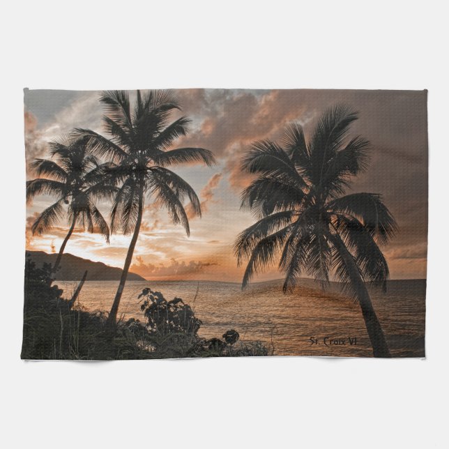 Tropical Sunset Beach Palm Trees Tea Towel (Horizontal)