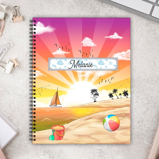 Tropical Sunset Beach, palmtrees & sea customised Notebook (Creator Uploaded)