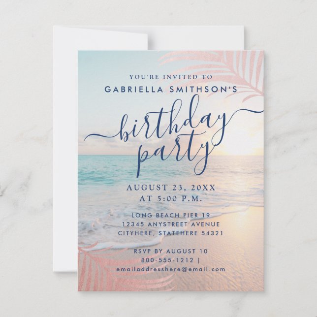 Tropical Sunset Beach Pink Birthday Party Small  Invitation (Front)