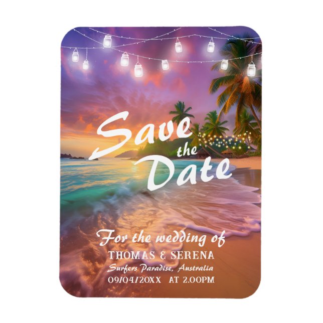 Tropical Sunset Beach QR Code Save The Date Magnet (Vertical)