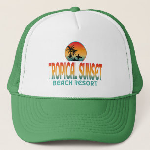 TROPICAL SUNSET BEACH RESORT SUMMER SURFING TRUCKER HAT