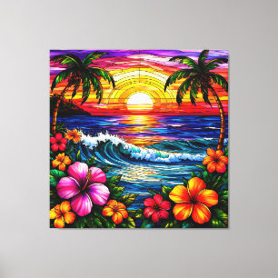 Tropical Sunset Beach Scene with Vibrant Flowers Canvas Print