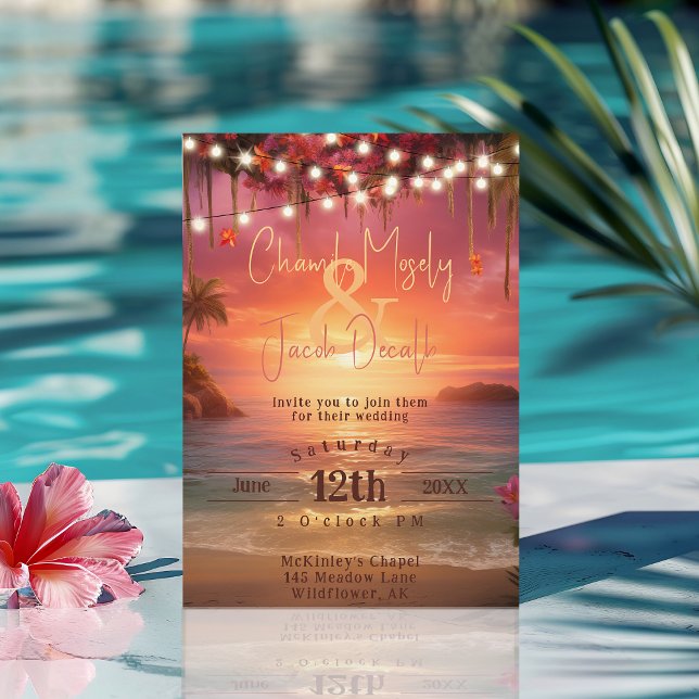 Tropical Sunset Beach String Lights Wedding Invitation (Tropical Sunset Beach String Lights Wedding Invitation
)