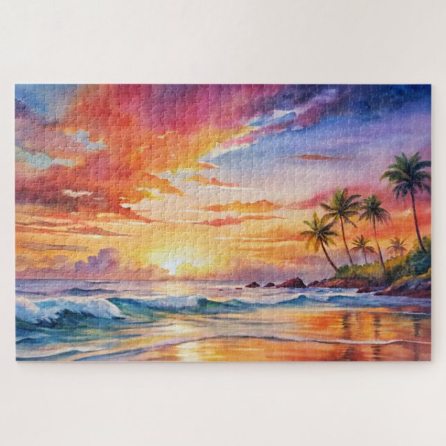 Tropical Sunset Beach Watercolor, Palm, Ocean Jigsaw Puzzle (Horizontal)