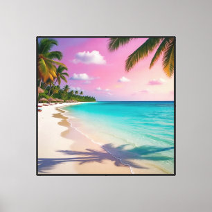 Tropical Sunset Beach with Palm Trees and Huts   Canvas Print