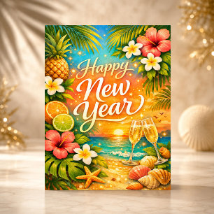 Tropical Sunset Champagne Happy New Year Holiday Card