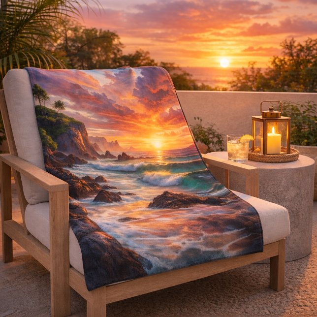Tropical Sunset Cliffs – Vibrant Coastal Paradise Sherpa Blanket (Creator Uploaded)