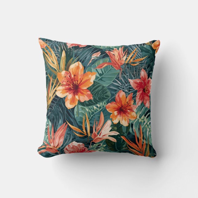 Tropical Sunset Garden Floral Jungle Pattern Cushion (Front)