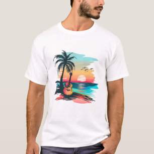 Tropical Sunset Guitar Beach Art   Summer Music Pa T-Shirt