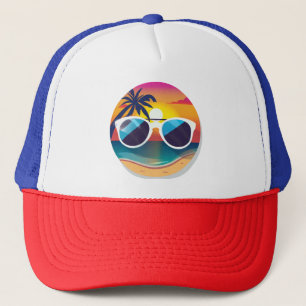 Tropical Sunset Illustration with Palm Trees Trucker Hat