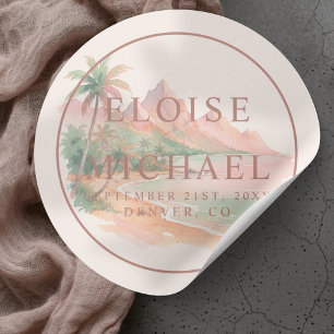 Tropical Sunset Island Beach Watercolor Wedding Classic Round Sticker