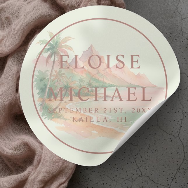 Tropical Sunset Island Beach Watercolor Wedding Classic Round Sticker (Tropical Sunset Island Beach Watercolor Wedding Classic Round Sticker)