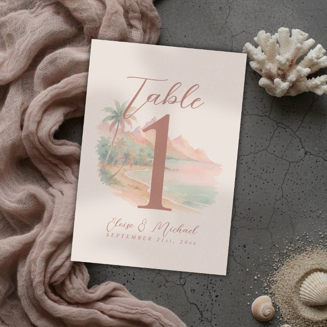 Tropical Sunset Island Beach Watercolor Wedding Table Number (Tropical Sunset Island Beach Watercolor Wedding Table Number)