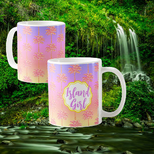 Tropical Sunset Island Girl Pink Palm Tree Mug