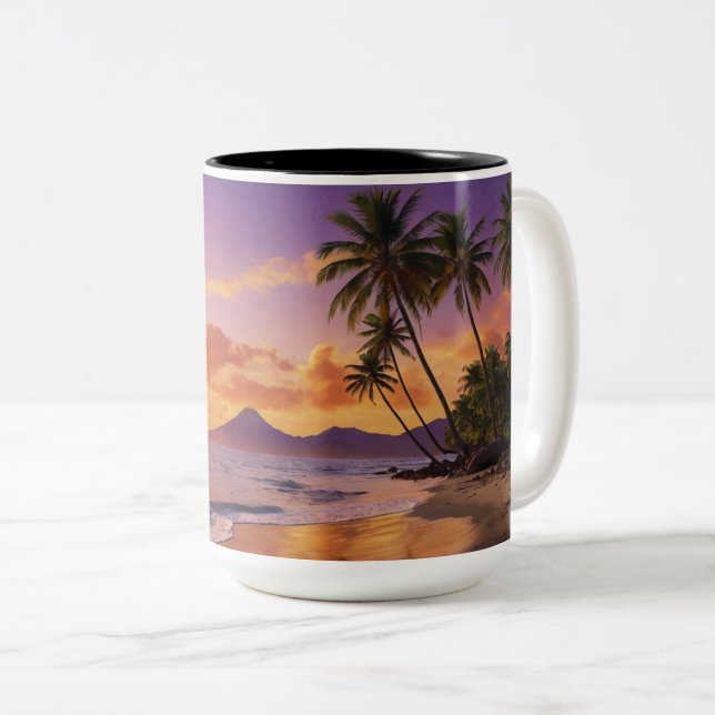 Tropical Sunset Mug | Vibrant Palm Trees Mountain (Front Right)
