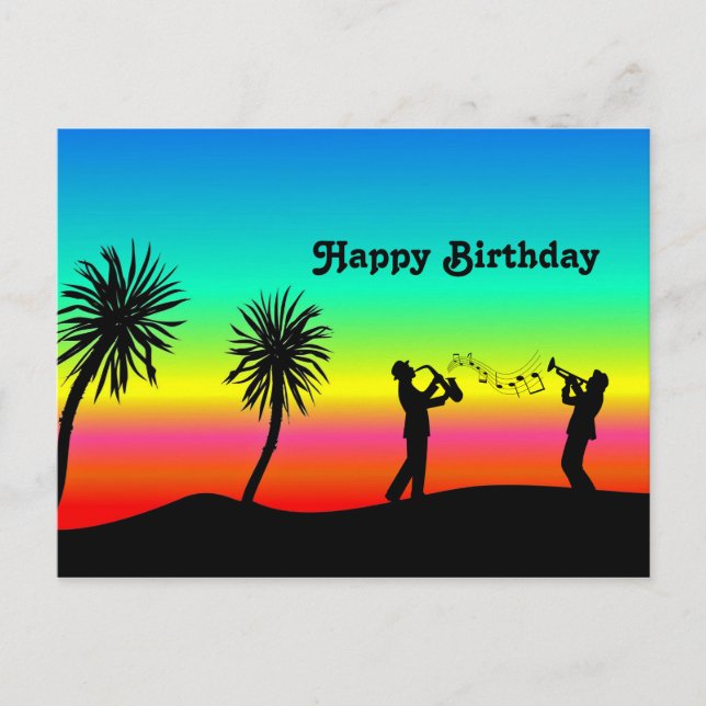 Tropical Sunset Musicians Silhouette Birthday Postcard (Front)