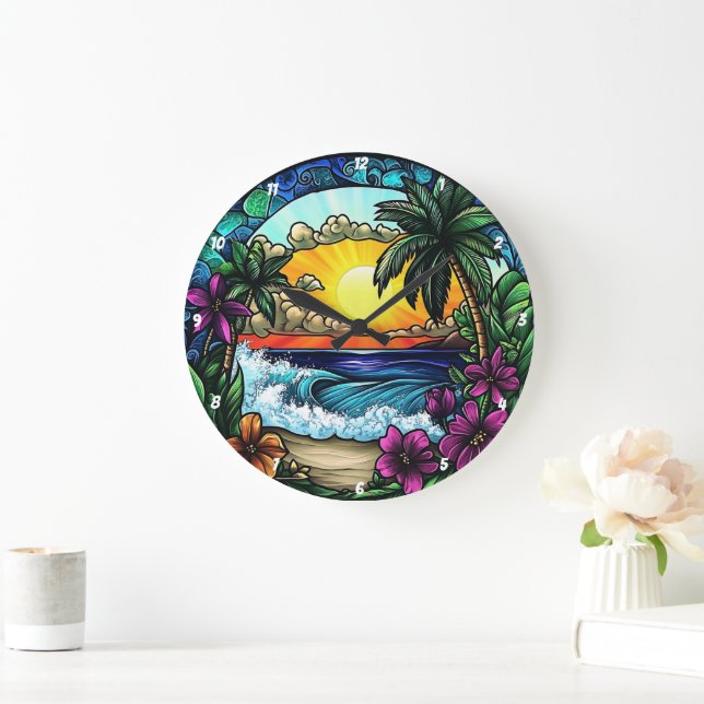 Tropical Sunset Oasis Vibrant Beach Wall Large Clock (Home)