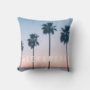 Tropical Sunset Ombre Pink & Blue Palm Tree Cushion