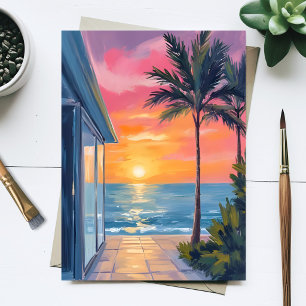 Tropical Sunset Palm Beach Ocean Watercolor Postcard