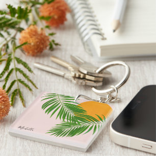 Tropical Sunset Palm Leaves Minimalist Pink Name Key Ring