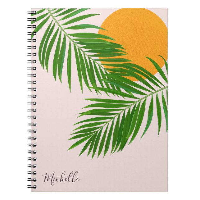 Tropical Sunset Palm Leaves Minimalist Pink Name Notebook (Front)