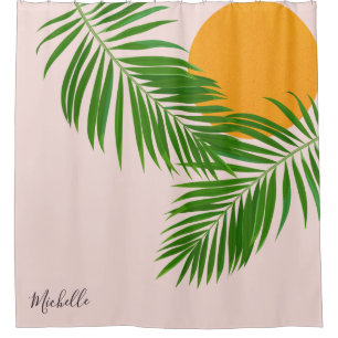Tropical Sunset Palm Leaves Minimalist Pink Name Shower Curtain