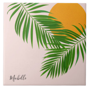 Tropical Sunset Palm Leaves Minimalist Pink Name Tile