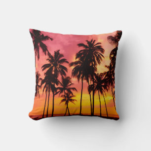 Tropical Sunset: Palm Silhouette Serenity. Cushion