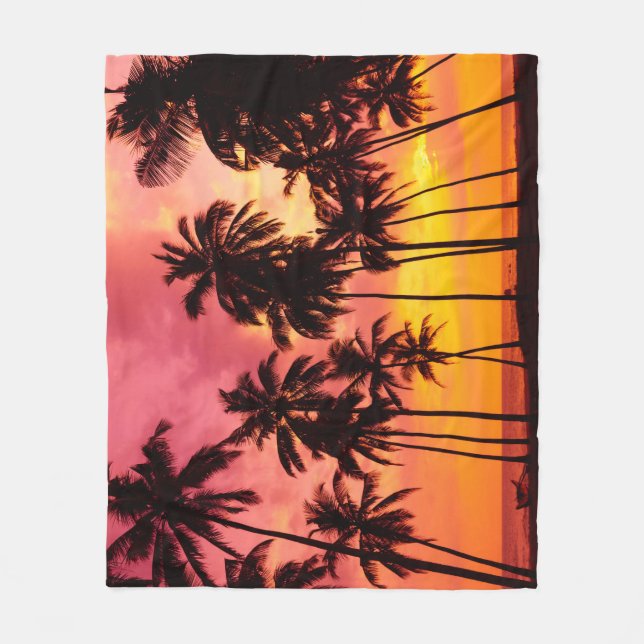 Tropical Sunset: Palm Silhouette Serenity. Fleece Blanket (Front)