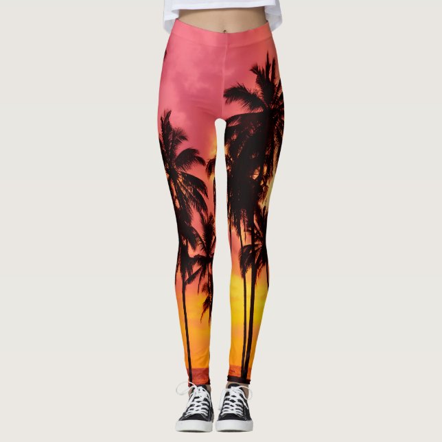 Tropical Sunset: Palm Silhouette Serenity. Leggings (Front)