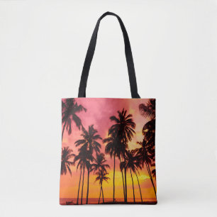 Tropical Sunset: Palm Silhouette Serenity. Tote Bag