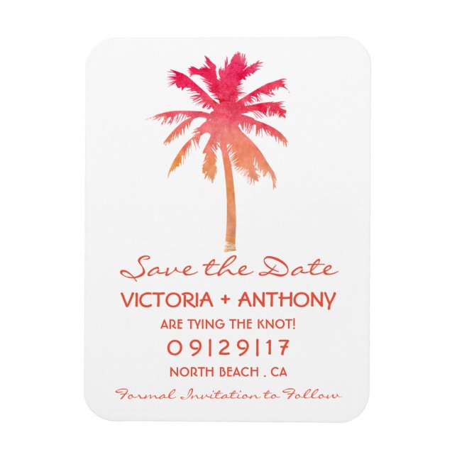 Tropical Sunset Palm Tree Beach Save The Date Magnet (Vertical)