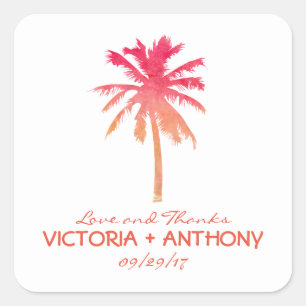 Tropical Sunset Palm Tree Beach Wedding Favour Square Sticker