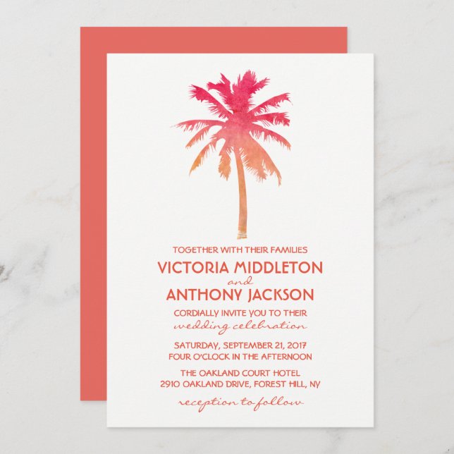Tropical Sunset Palm Tree Beach Wedding Invitation (Front/Back)