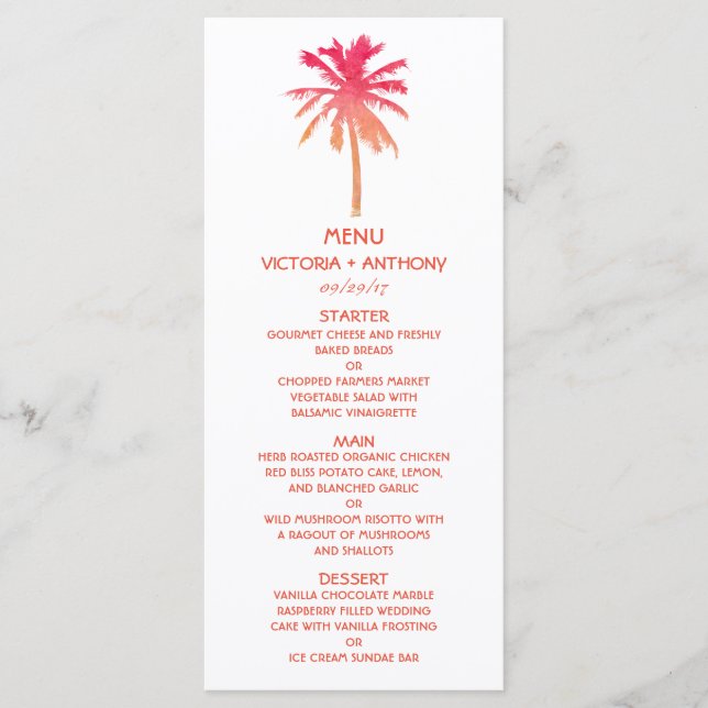 Tropical Sunset Palm Tree Beach Wedding Menu (Front)