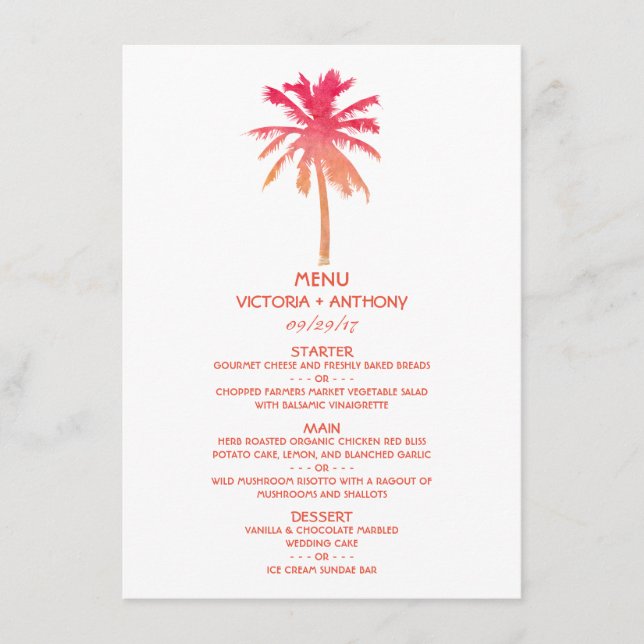 Tropical Sunset Palm Tree Beach Wedding Menu (Front)