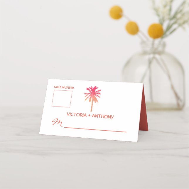Tropical Sunset Palm Tree Beach Wedding Place Card (Front)